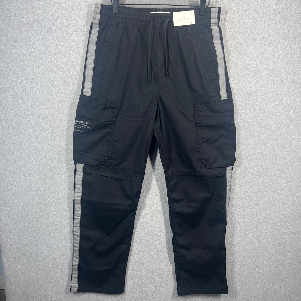 Hollister Baggy Cargo Track Pant Mens‎ M Black Side Stripe Athletic Casual EUC